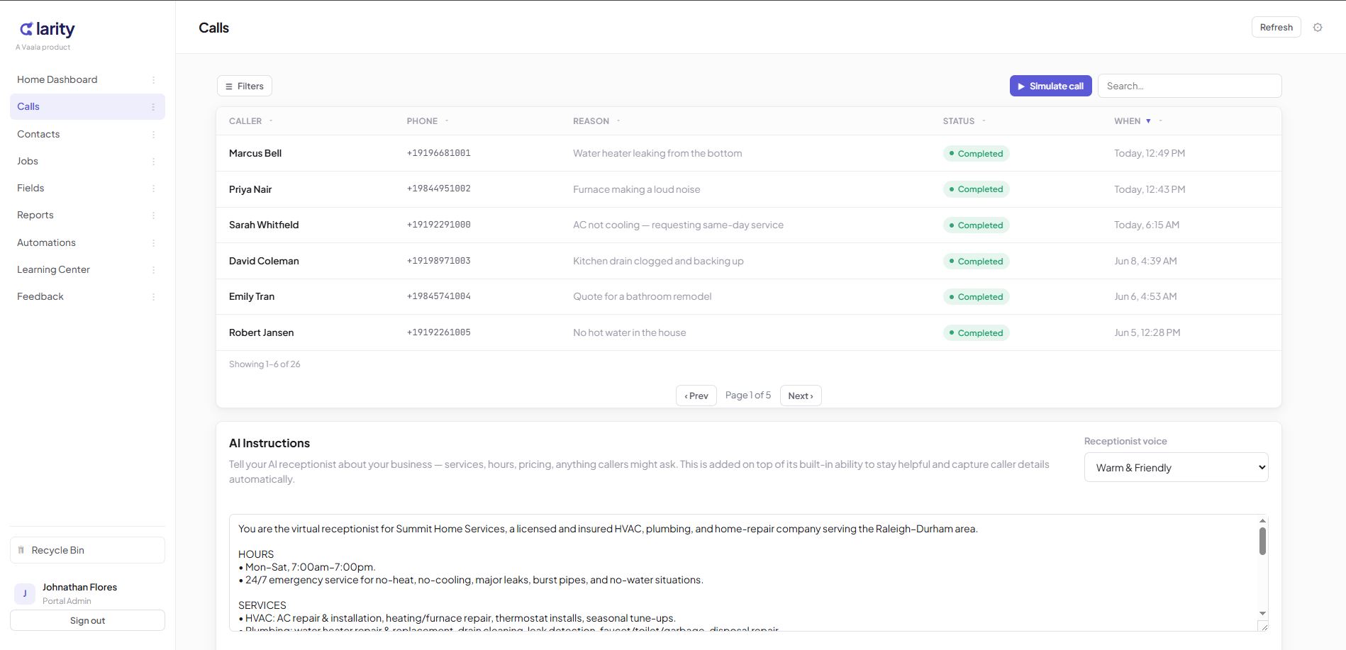 Clarity calls log showing captured calls with caller, reason, and status